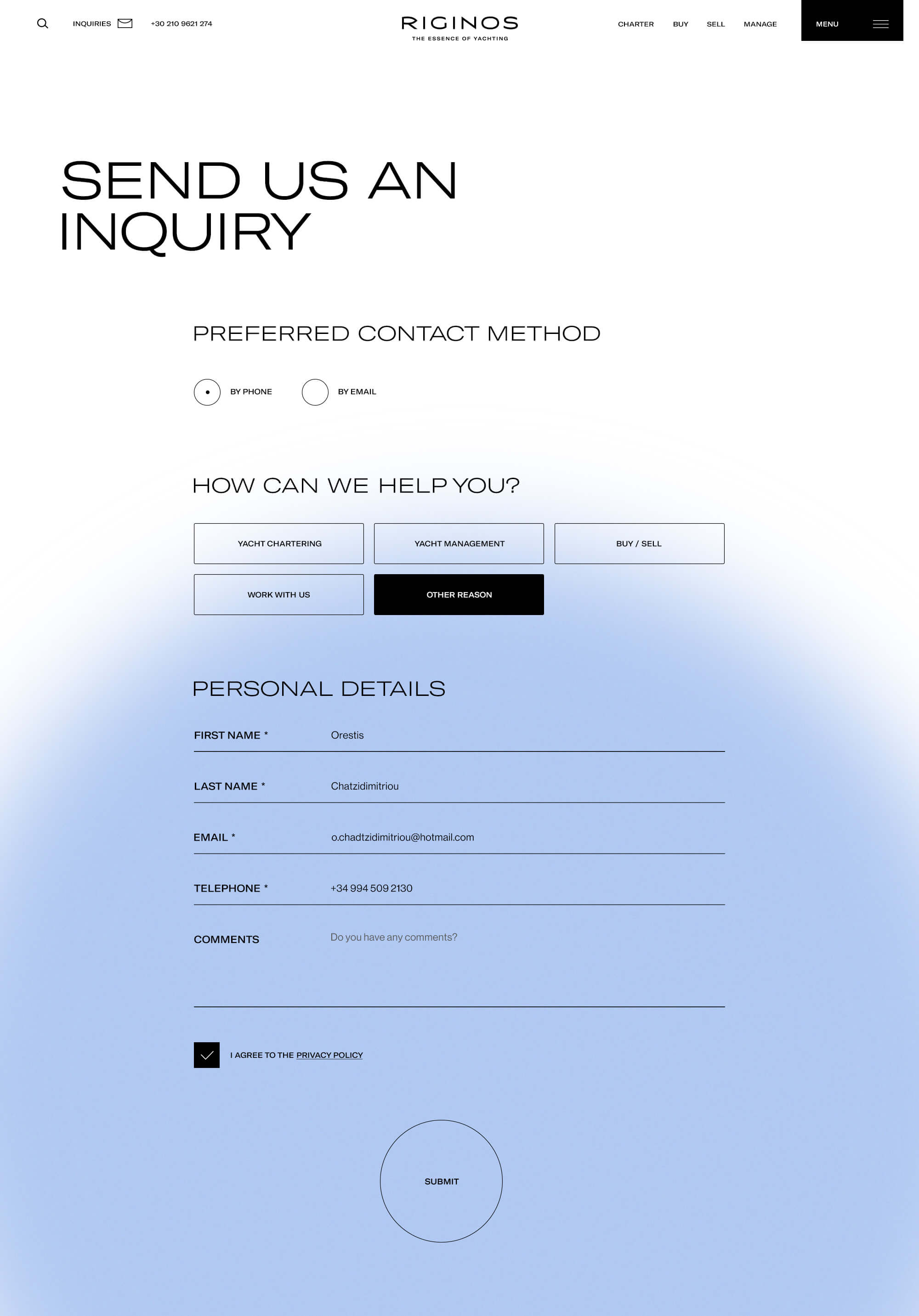 riginos yachts website design contact form kommigraphics